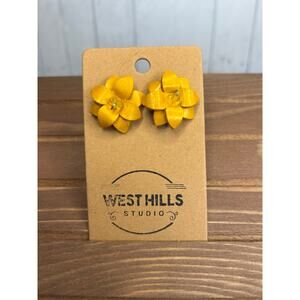 Genuine Leather Flower Earrings Yellow Pansy Post Earrings NEW!  FAST SHIP